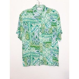 Olivaceous Button Up Top Size Small Polynesian Print Blue Green White